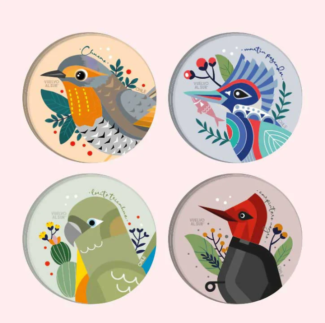 SET POSAVASOS VIDRIO TEMPLADO AVES COLORIDAS (REDONDO)
